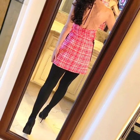 Self-Portrait Red & White Plaid Sleeveless Halter Mini Dress, Sz 0 - Picture 14 of 17